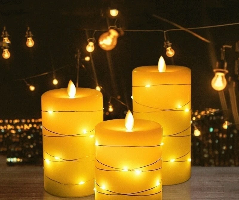 

Упаковка из 3 светодиодных свечей, встроенные сказочные гирлянды, электрическая Мерцающая свеча с дистанционным управлением с таймером, парафиновая фотолампа