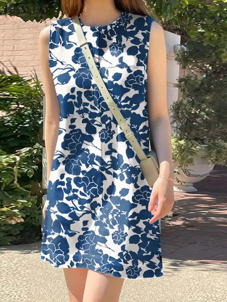 

Summer Bohemian Dress Women O-Neck Printed Floral Sundress ZANZEA Casual Sleeveless Party Robe Female Holiday Tanks Vestidos