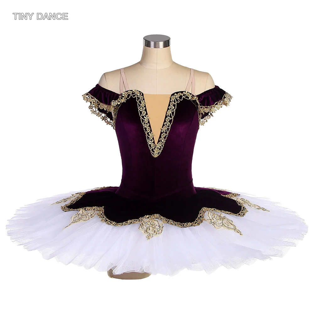 

Off Shoulder Dark Purple Velvet Bodice with Gold Trim White Tutu Professional Ballet Pancake Tutu Ballerina Dance Costume BLL141