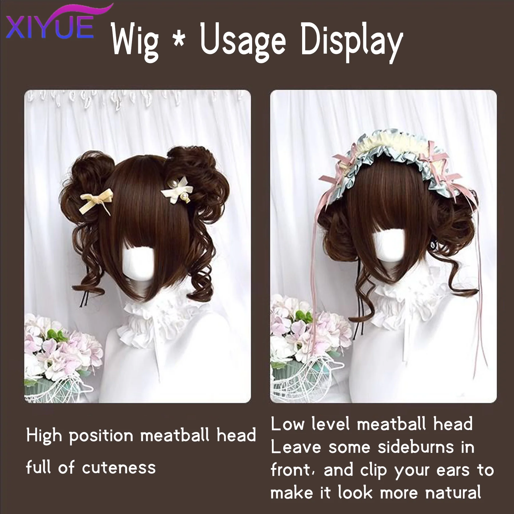 Synthetic Princess Cut Double ponytail Lolita Wig with Bangs Girl Ombre Brown Black red-brown Cosplay Halloween Harajuku wig