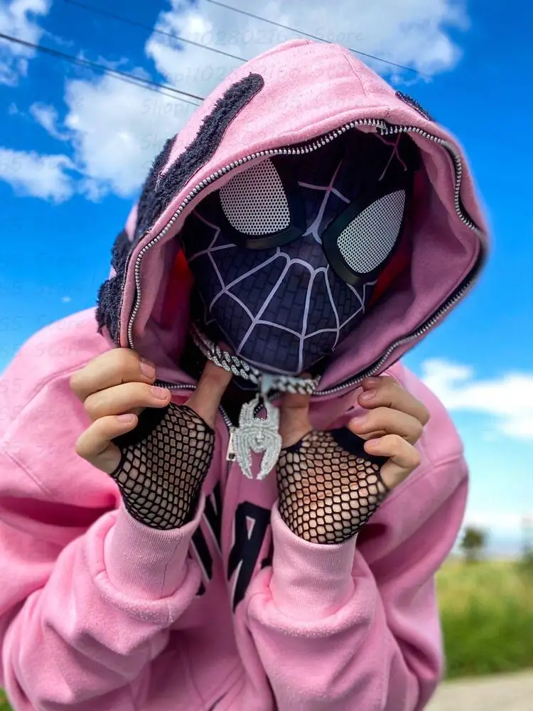 Spider wed graphic Zip Up Hoodie Long sleeved clothing Sweatshirt High  Street Hoodies pink Men Women Y2k Oversize Streetwear Top