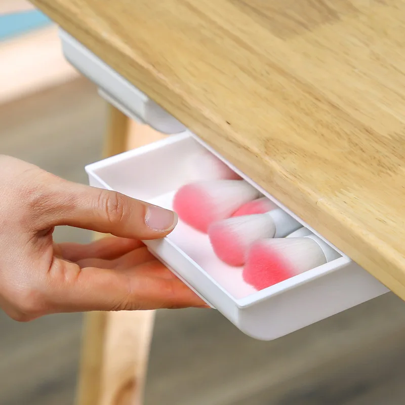 1pc White Self-Adhesive Storage Drawer Box Makeup Pencil Tray Desk Hidden Under Desk Stand Self-adhesive Under-drawer Storage Box self adhesive storage box