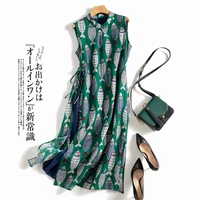 Fish Plaid Print Vintage Cotton Linen O-Neck Sleeveless A-Line Loose Women's Dress Korean Fashion Mid-Calf Dresses For Women