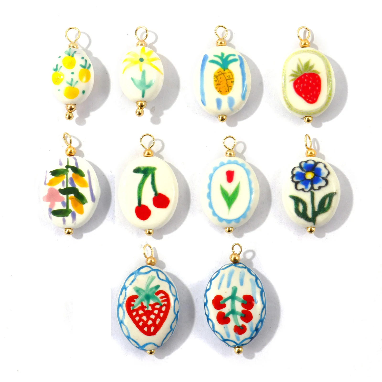 2 Stück mehrfarbige ovale Keramikanhänger mit Kirsch- und Erdbeer-Motiv, beidseitig bedruckt, vergoldet, für DIY-Halsketten und Schmuck.