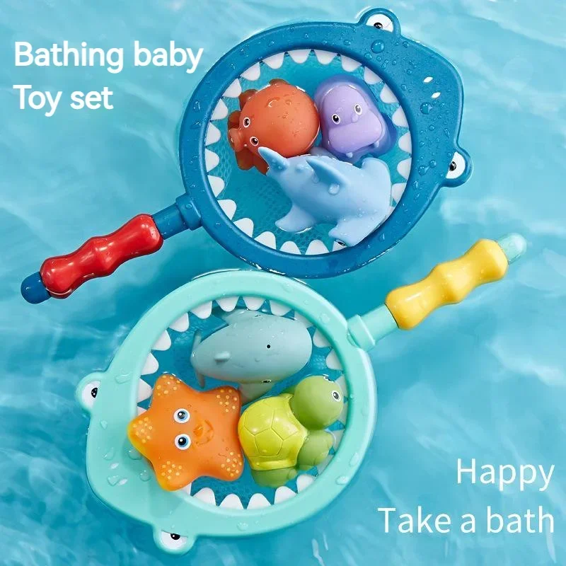 

Spray Water Net Fishing Set Children Baby Bath Rubber Toys Animal Kneading Vocal Floating Toys Baby Net Fish Games Bathroom Toy