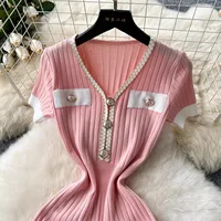 YuooMuoo Brand Fashion Knitted Mermaid Dress 2026 New Elegant V-neck Buttons Ribbed Sweater Dress Lady Bodycon Party Vestidos - Image 5