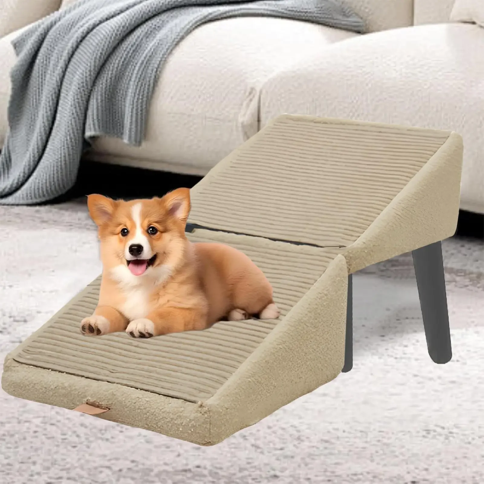 Dog Staircase Wooden Puppy Steps Non-Slip Soft Foldable Stool Adjustable Space-Saving Recovery Support Mobility Aid for Cats