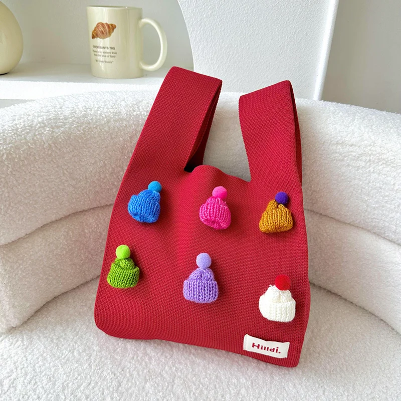 

1Pc Handmade Knitted Handbag Cute Christmas Cap Women Knot Wrist Bag Casual Tote Bag Female Reusable Shopping Bag Christmas Gift