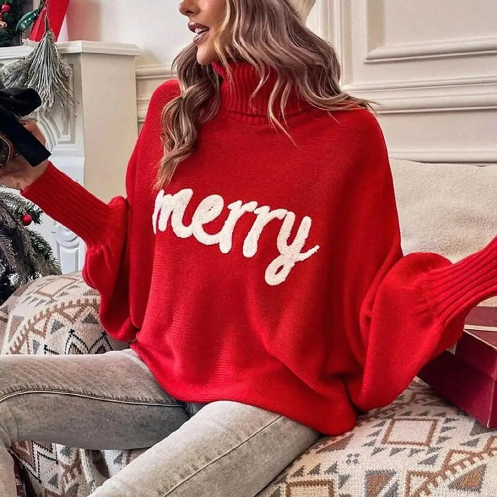 

Women Pullover Sweater Long-sleeve Sweater Cozy Bat Sleeve Women's Sweater with High Collar Knitted Warmth Soft Loose for Fall