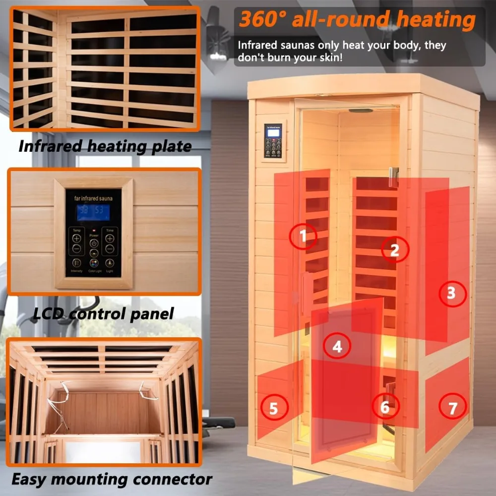 1 Person Low EMF Infrared Sauna, Hemlock Wooden Far Infrared Sauna for Home, 1460W with Bluetooth Speakers, LED Reading Lamp 3