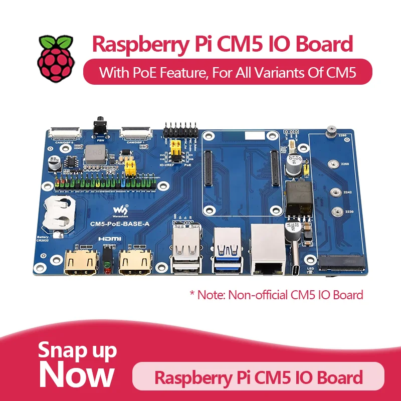 Waveshare Compute Module 5 IO Board, Scheda Di Espansione Per Raspberry Pi CM5 Con PoE, Ideale Per Progetti Fai-Da-Te