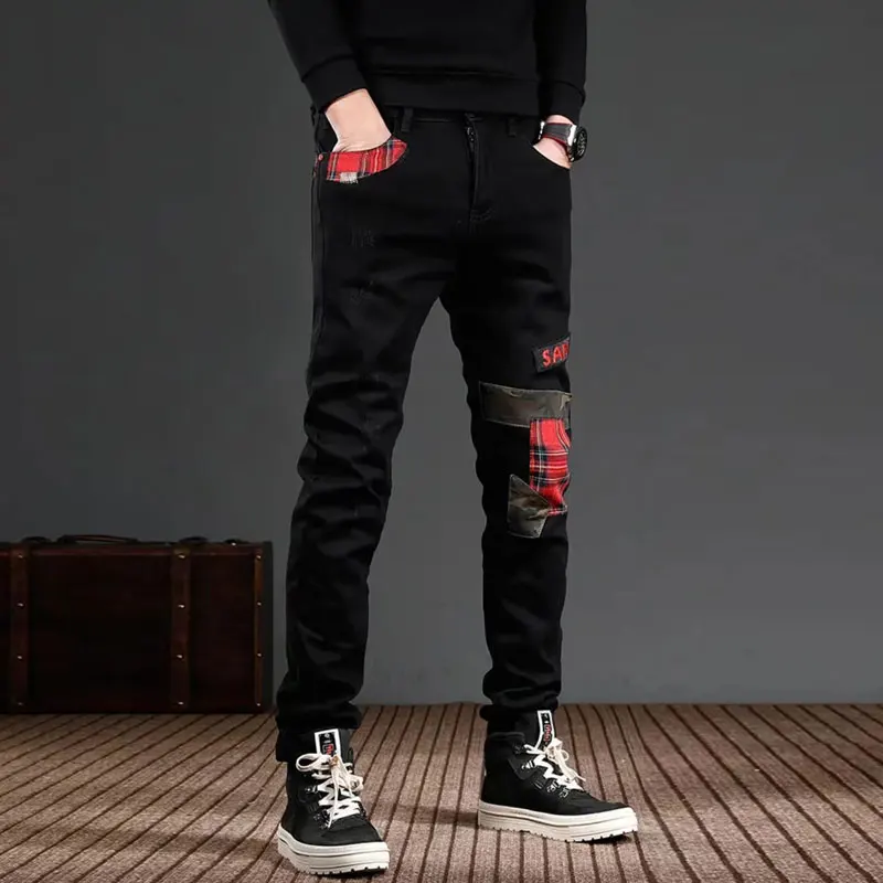 Street Fashion Men Jeans Black Stretch Skinny Fit Vintage Ripped Jeans Men Patched Designer Hip Hop Denim Pencil Pants Hombre