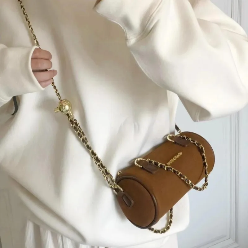 Retro Chain Cylinder Handbag Women Leather Frosted Large Capacity Shoulder Bag Ladies High End Fashion Pillow Crossbody Bag 2025