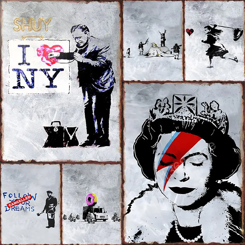 

Banksy Street Metal Tin Sign Graffiti Painting Girl with Balloon Art Posters Abstract Figure Mural Room Wall Home Decoration