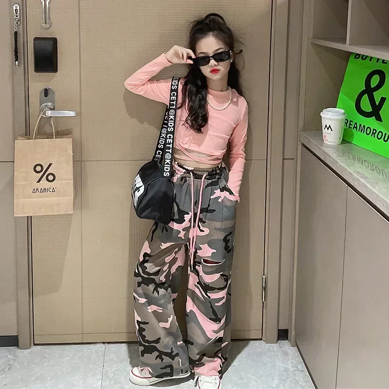 GERU Girl's Crop Tops 2 Piece Outfits Casual T Shirts With Camo Print Shorts Summer Clothes Sets, 5-6Y