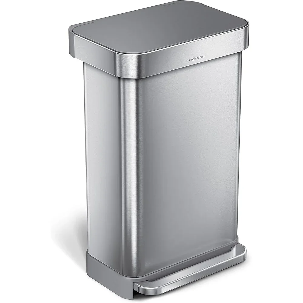 Hands-Free Kitchen Trash Can 45L Rectangular Soft-Close Lid Brushed Stainless Steel Step Pedal Silent Close Liner Pocket Durable 2