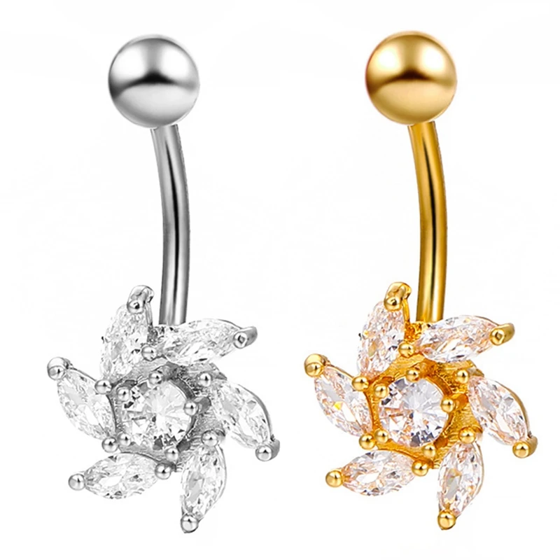 Adorno de anillo Umbilical para mujer, Piercing de Color dorado y plateado,  con flor y tachuelas de diamantes, a la moda|Diamantes de imitación| -  AliExpress