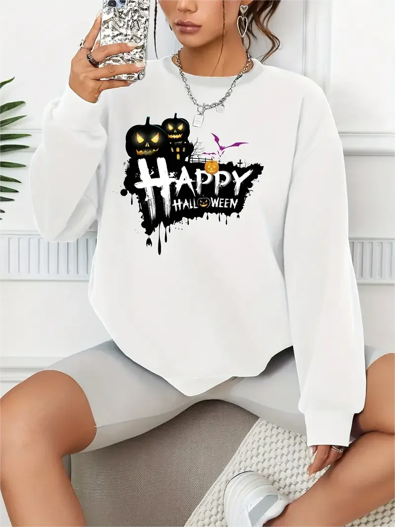 Happy Halloween Print Pullover Casual Loose Fashion Long-Sleeved Sweatshirt Solid Color Women's Clothing