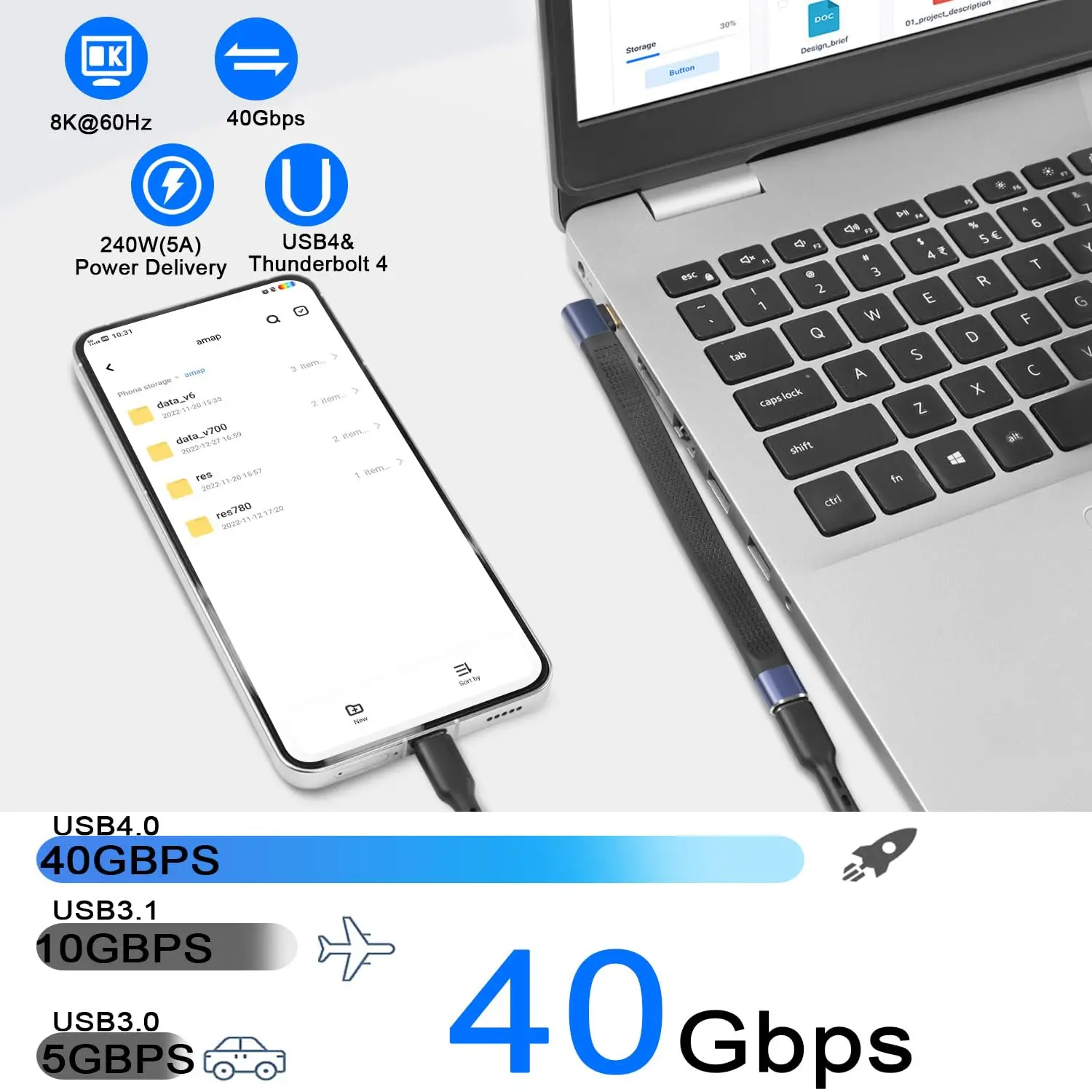 40Gbps USB4.0 C 암-수 90 ° 각도 짧은 케이블 240W 유형 C 4.0 소켓 - 직각 플러그 PD 고속 충전 연장 케이블