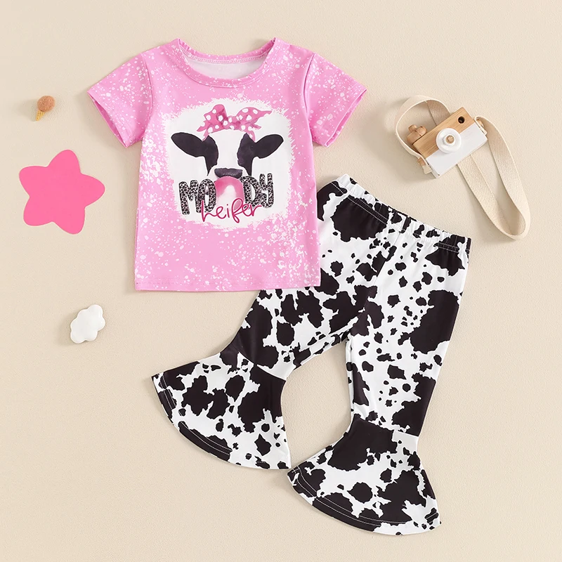 

Baby Girl 2Pcs Western Outfits Short Sleeve Cow Print T-Shirt Flare Pants Set Toddler Clothes