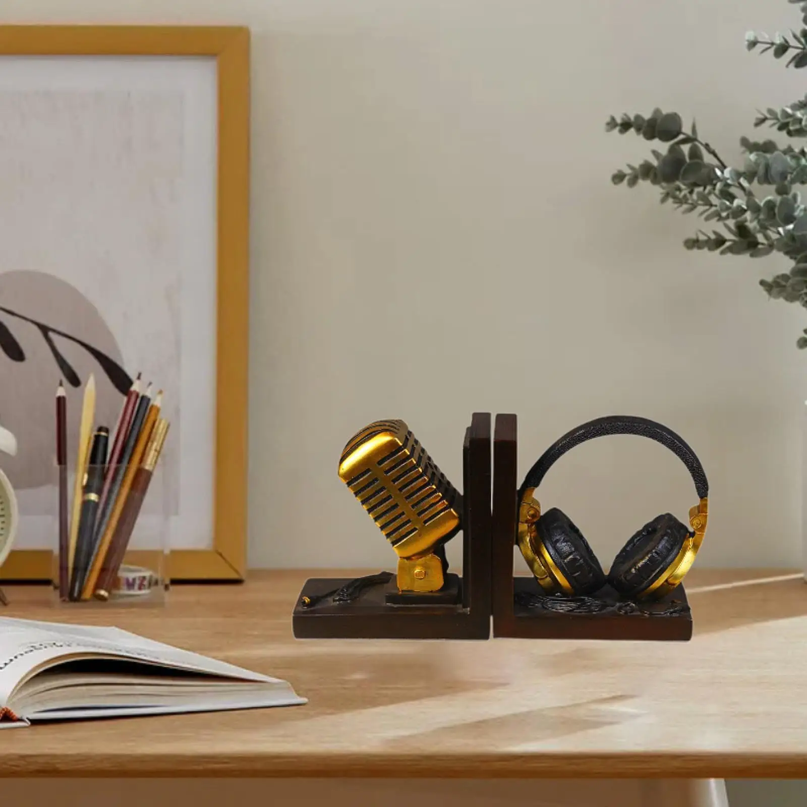Bookends Microphone Headset Shape European Book Organizer Book Holder for Office Living Room Bookshelf Study Decor