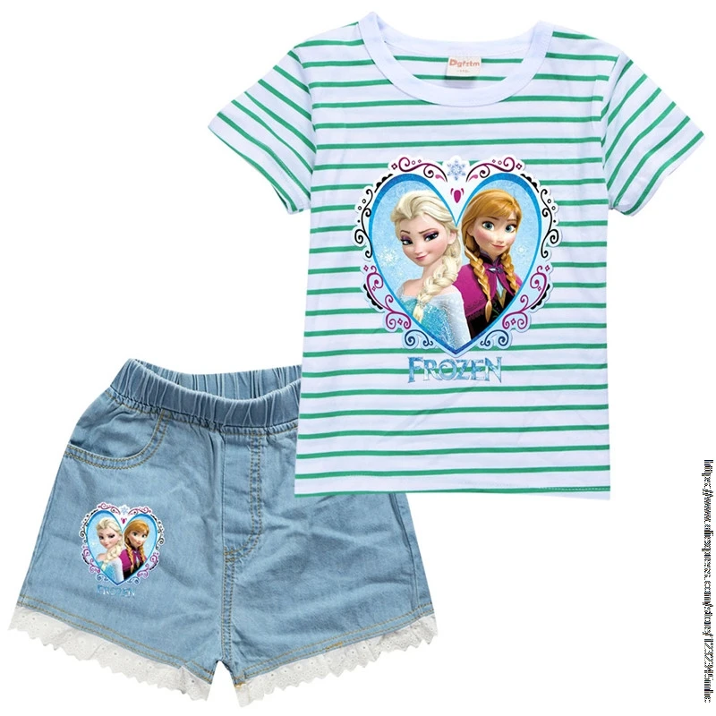 Hot Frozen Elsa Striped Children's summer girls cotton short sleeve T-shirt + denim Shorts set birthday gift 2pcs Set