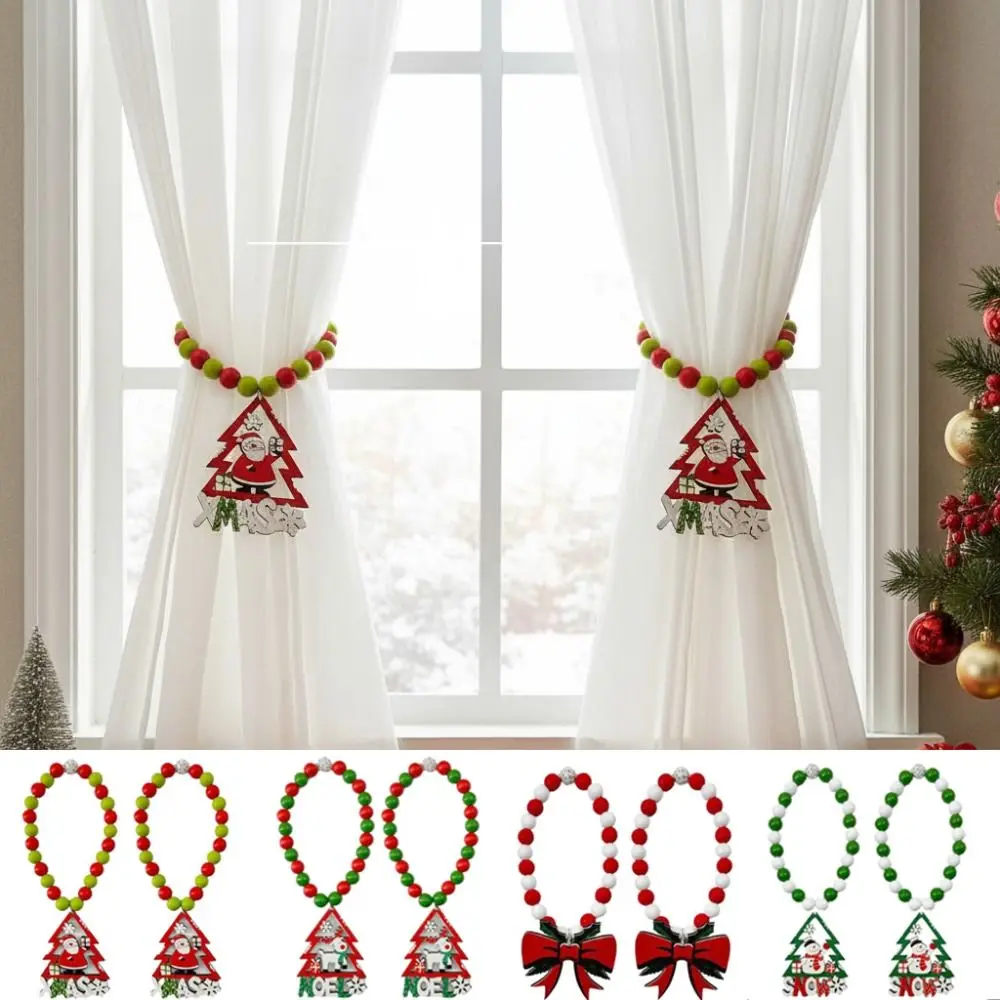 Boho Style Christmas Curtain Ties Reusable Beaded Curtain Tiebacks Cartoon Colorful Wooden Bead Curtain Holdbacks