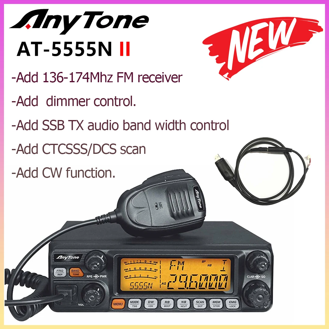 

AnyTone AT-5555N II 28.000-29.700MHz 60W High Power 10Meter Radio AM/FM/SSB/CTCSS/DCS Mobile Transceiver
