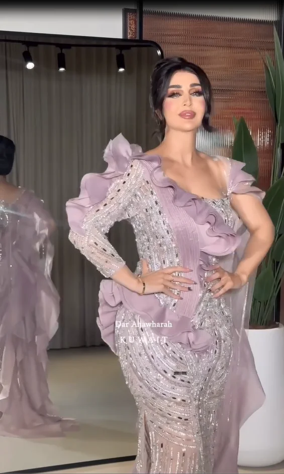 FATAPAESE Arabic Sparking Stone Gems One-shoulder that Adorn Pink Dress Illsuion Sleeves For Formal Occasion Gowns