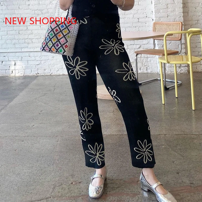Vintage Floral Print Knitted Pants Y2K Women 2000s Aesthetic Straight Trousers Korean 90s Retro Pants 2024 Streetwear Harajuku