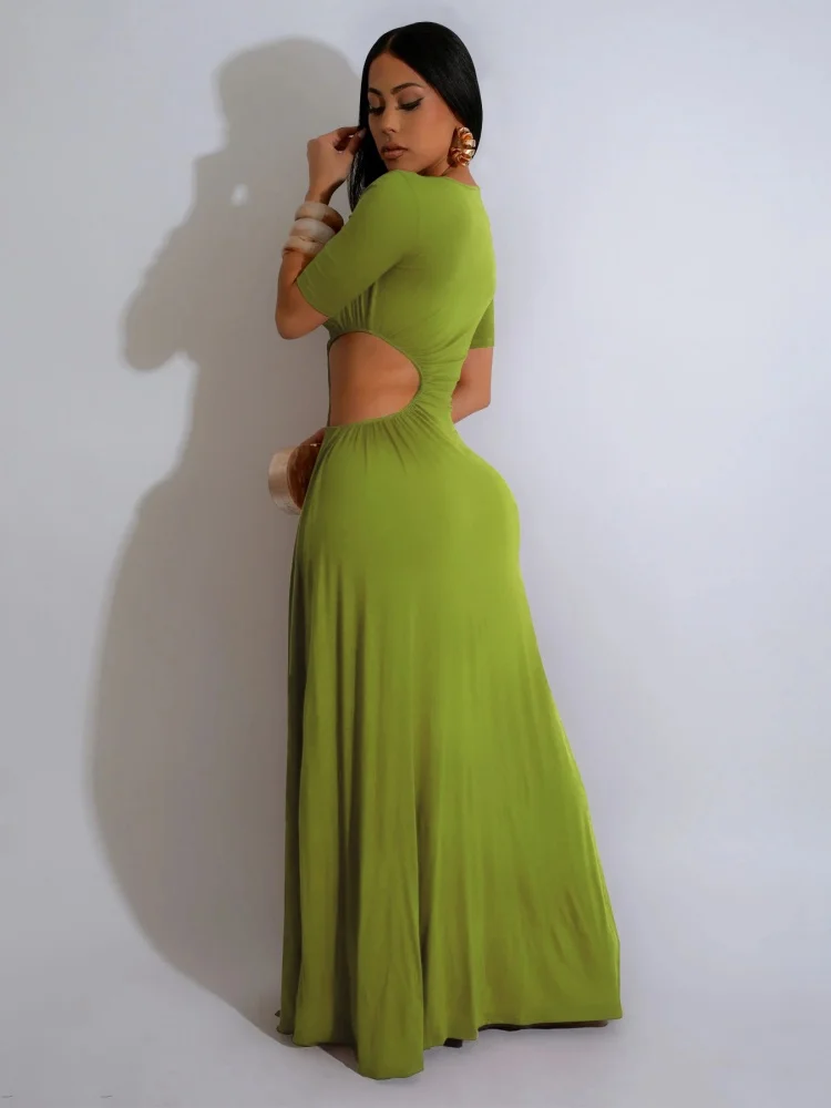 Wmstar 2025 New Women Fashionable Elegant Dress Sexy Low Waist Irregular Long Dress Solid Split Dress Solid Color Short Sleeve