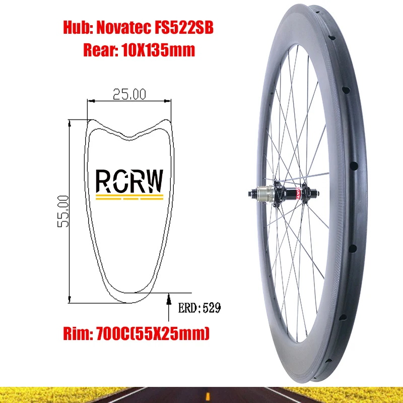 

700C Road 55X25mm Rear Carbon Wheel Tubular 24 Hole Rim Deep 55 Wide 25 Novatec FS522SB V Brake Shima/Campy 10 11S XDR 12S Hub