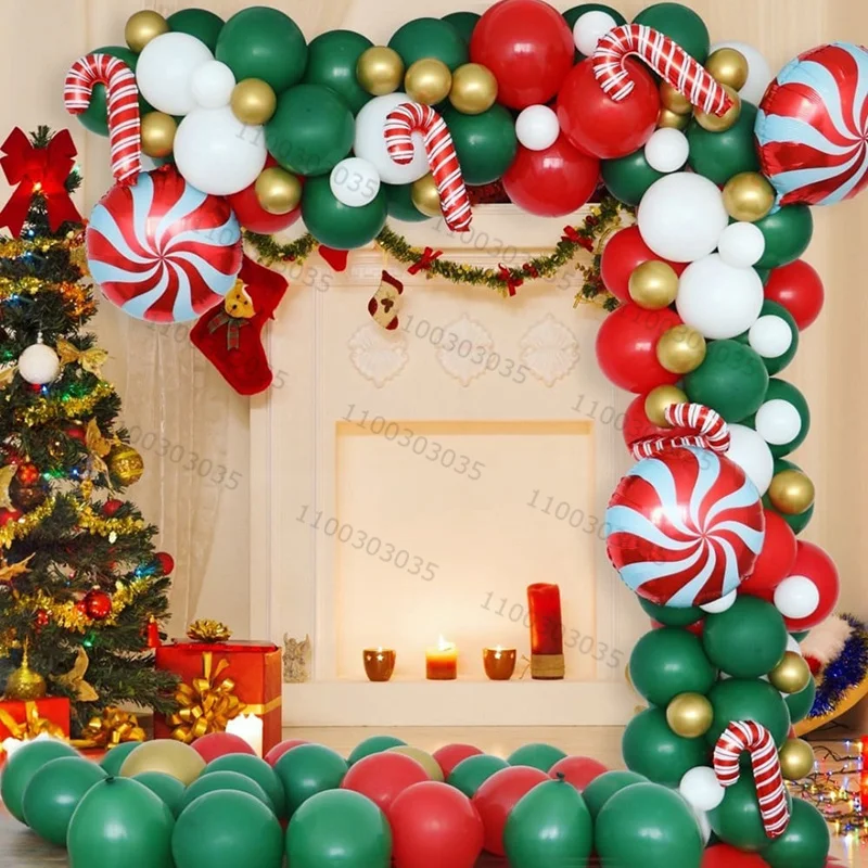 

128pcs Red & Green Balloons Arch Garland Kit Merry Christmas Happy New Year Party Decorations Candy Cane Foil Balls Air Globos