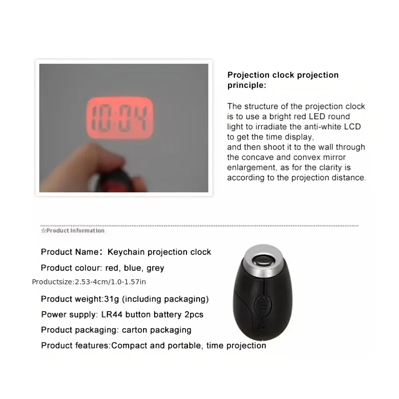 1pc Mini Portable Projection Clock Keychain with LED Digital Display Oval Plastic Alarm Clock 3