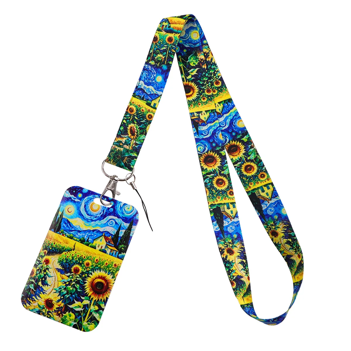 반 고흐 해바라기 카드 홀더 별이 빛나는 밤 랜야드 키체인 카메라 넥 스트랩 신용카드 케이스 ID 배지 홀더 DIY 행잉 로프