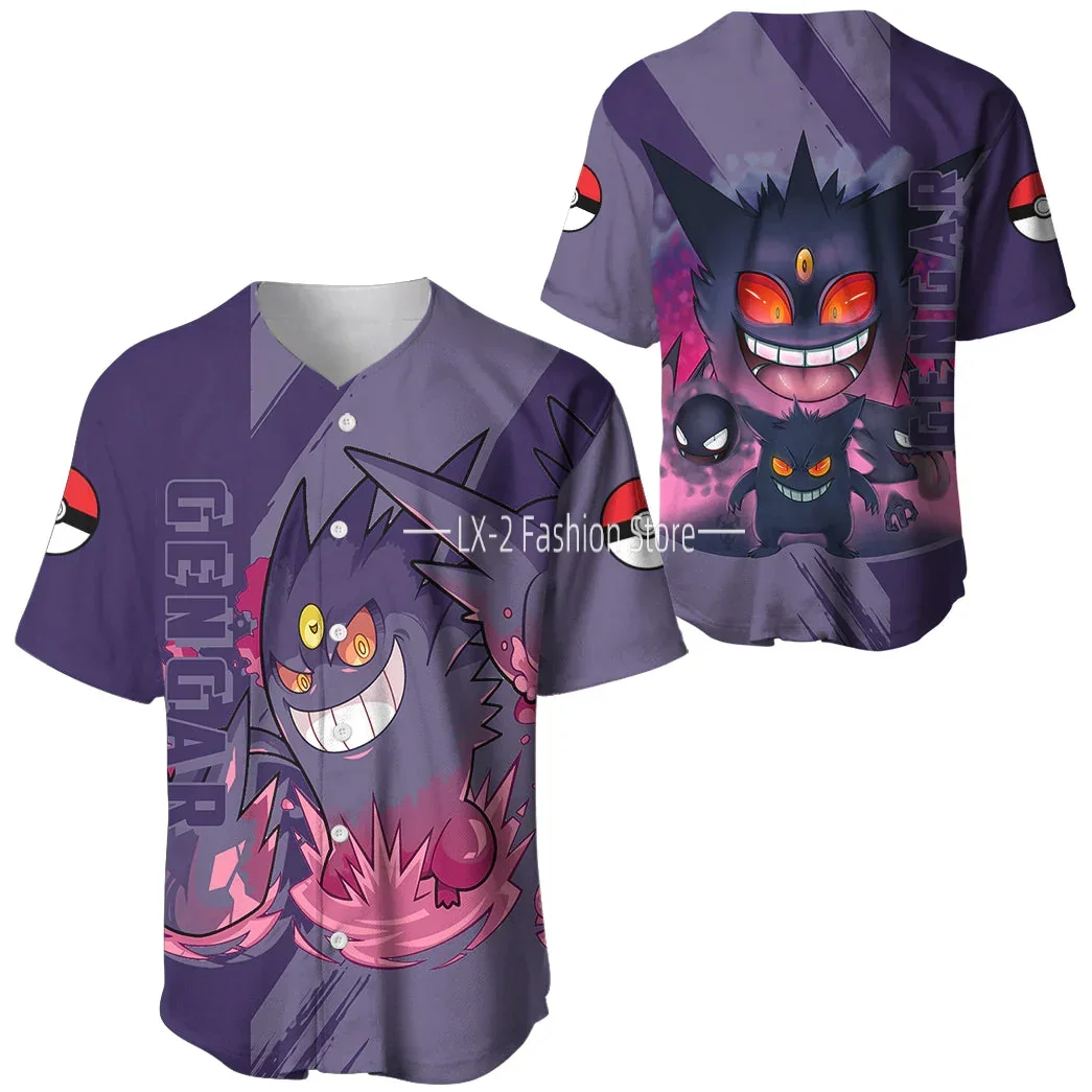 

New Pokemon Gengar Baseball Jersey Mens Women Short Sleeve Sports Jersey Pikachu PKM Baseball Jersey Fashion Shirt