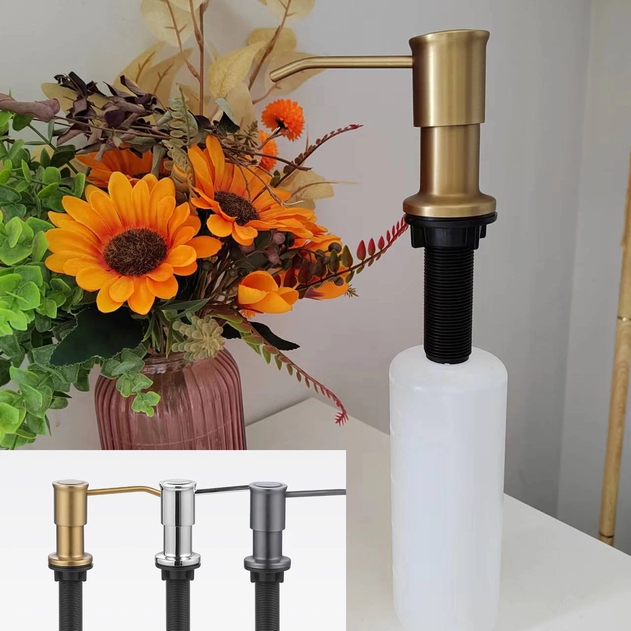 Kitchen Sink Built in Soap Dispenser Countertop Pump Head Brushed Gold Stainless Steel Liquid Detergent Pump Bottle Dish Soap soap dispenser,soap pump,soap dispenser head,wall mounted dispenser,shower dispenser,kitchen sink pump