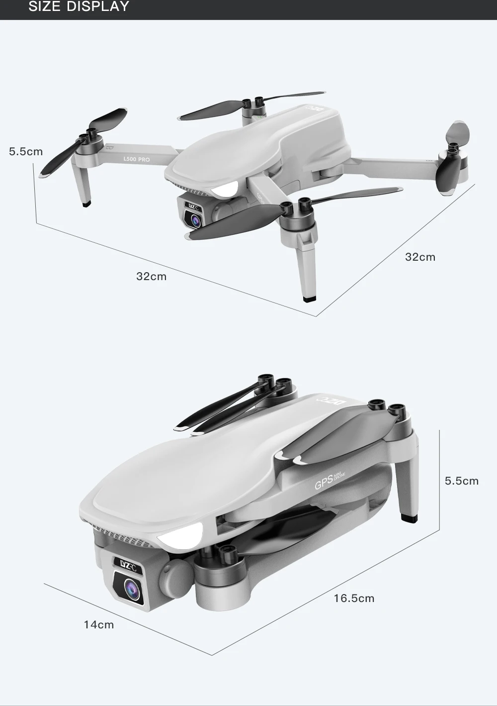 L500 PRO GPS Drone, SIZE DISPLAY 5.5cm Lsoo PRO 32cm 32