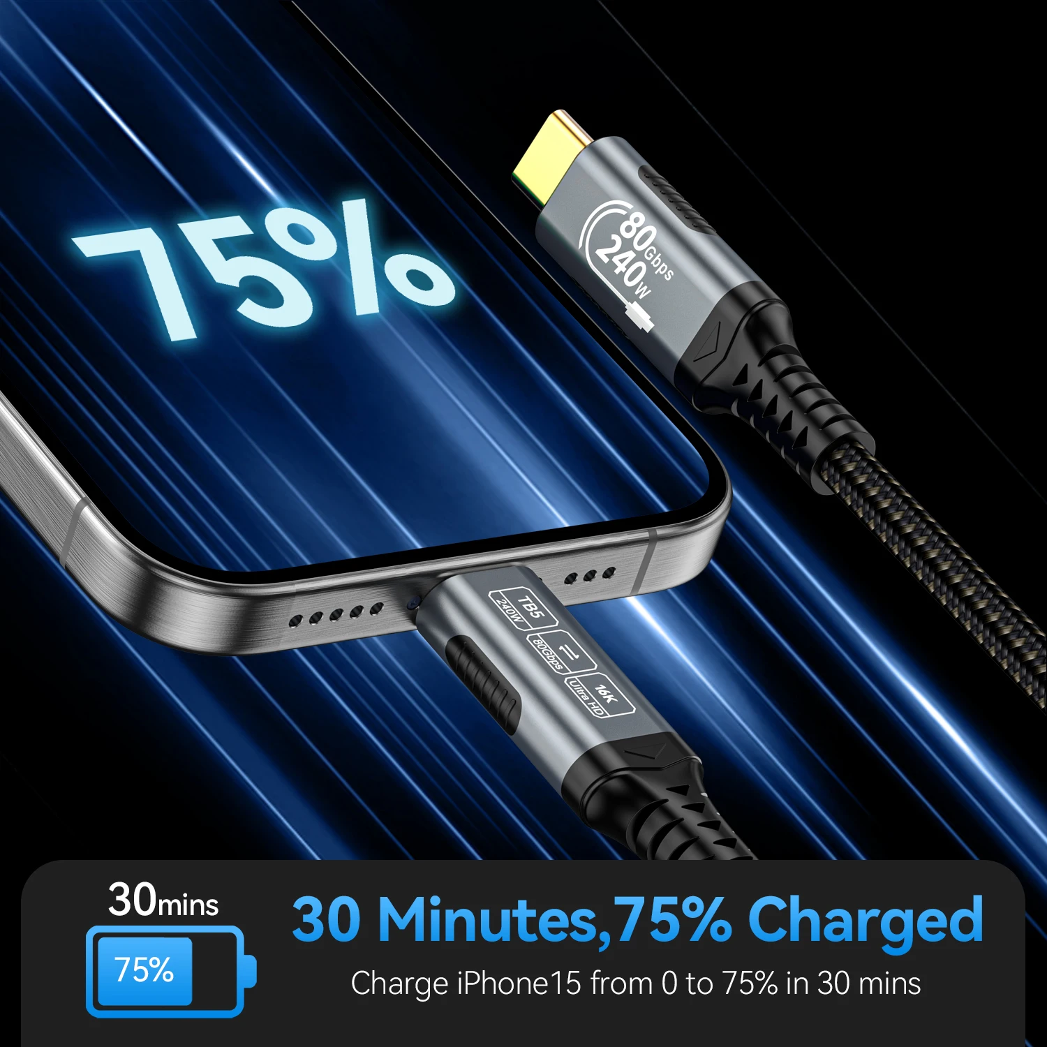Thunderbolt 5 Type-C Cable 16K@30Hz 8K 48V/5A PD240W 80Gbps Type-C to USB C type c cable for iphone 15 Pro Tablet Switch Laptop MacBook Pro