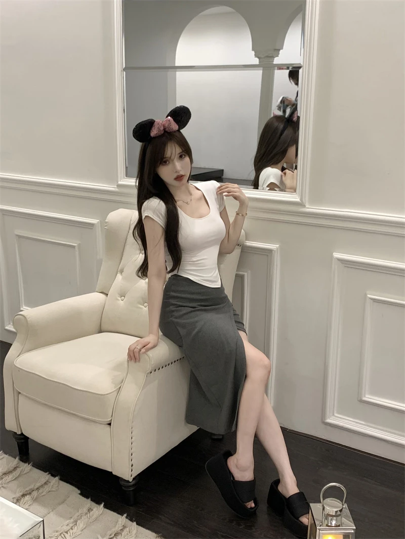 Summer Korean Fashion Y2K T-shirt Woman Japane Crop Top U-neck Split Sexy Red Pink White Tee Shirt Women Vintage767_voghion.com