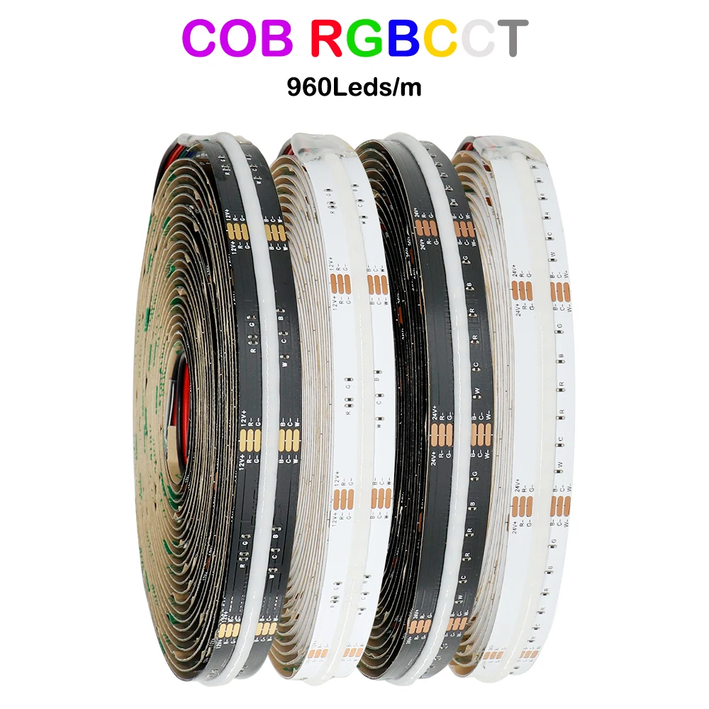 COB RGBCCT LED Strip Light 6Pin 12mm DC12V/24V 960LEDs/m RGB CW WW FOB ...