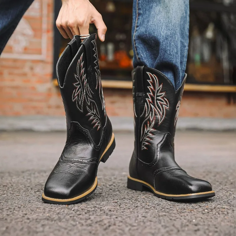 Men High Boots Embroidery Men Boots Retro Pu Leather Western Cowboy Boots Square Toe Casual Shoes Handmade Outdoor Mid-Calf Boot - 6