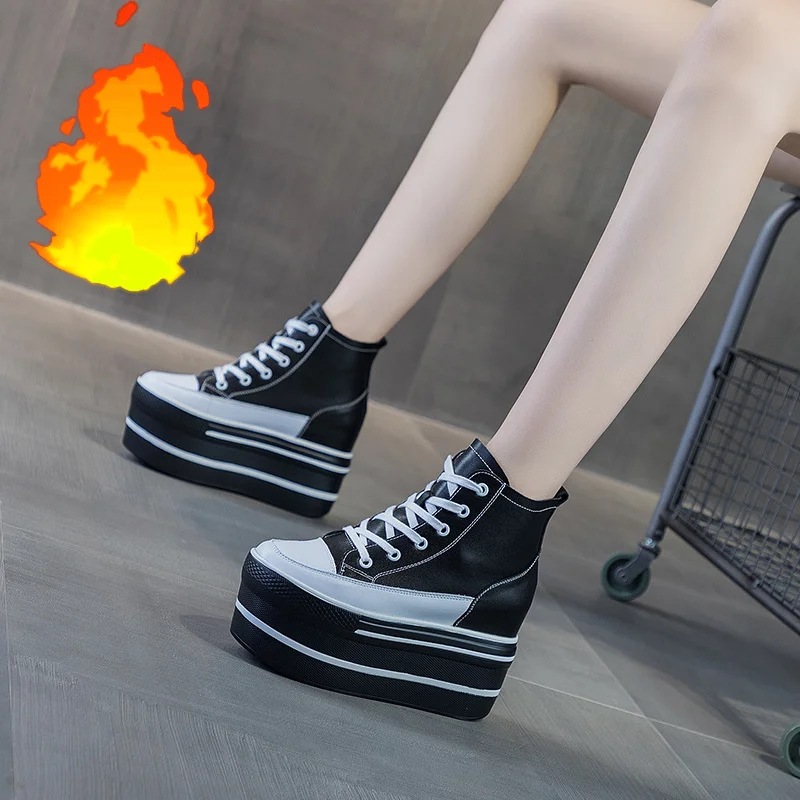Leather High Heels Sneaker Shoes | Leather Lace Boots