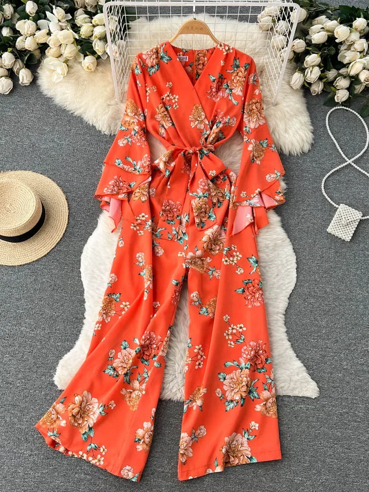 Summer Ladies Temperament V-neck Floral Bell-sleeved Jumpsuit