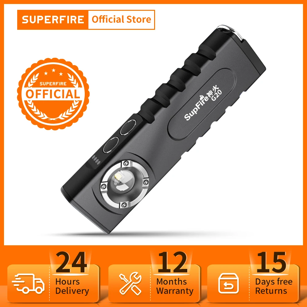 SUPERFIRE G20 LED/COB Flashlight with Red indicator/Magnet/Power Bank Function,USB-C Rechargeable 18650 Torch Camping Lantern