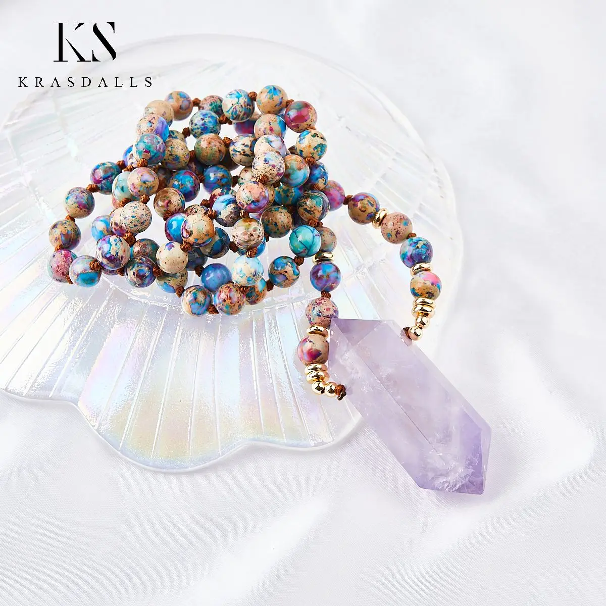 

Purple Imperial Jasper Round Beads Mala Necklace Healing Brazil Amethyst Crystal Quartz Point Chakra Jewelry Dropshipping