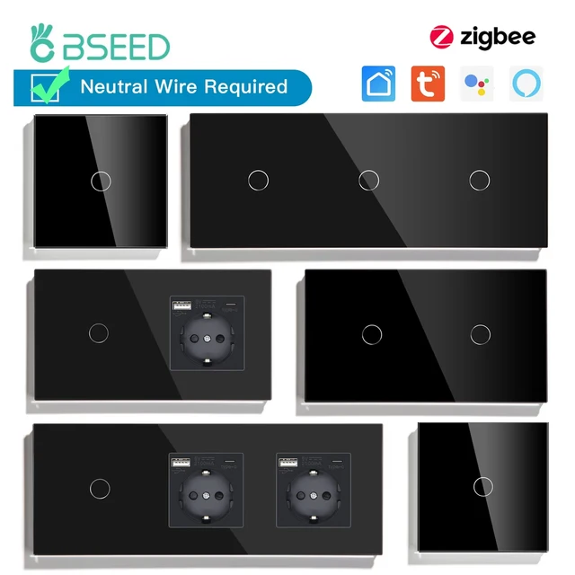 BSEED Zigbee 1/2/3Gang Smart Touch Switches Tuya Smart Life Alexa App Plus Wall Power Sockets USB Type-c Ports EU Standard
