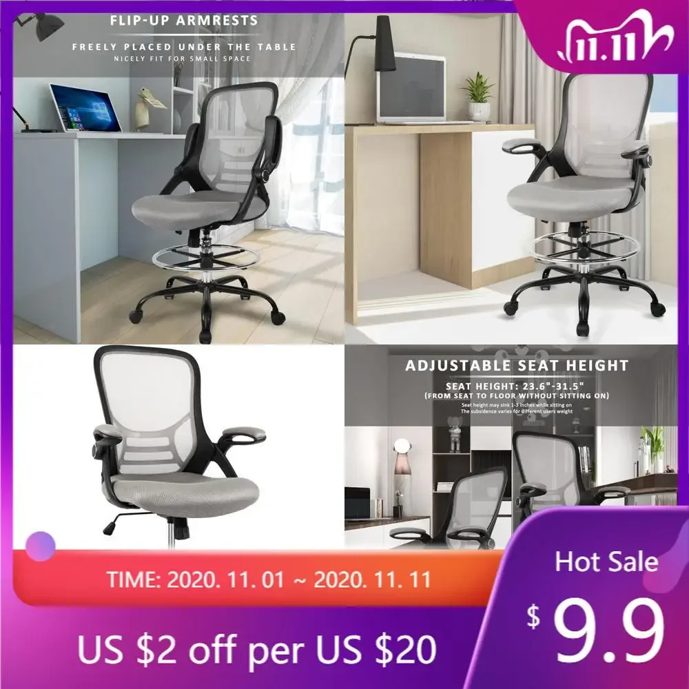 "ergonomic high-back mesh drafting chair with flip-up armrests and adjustable footrest for standing desks"