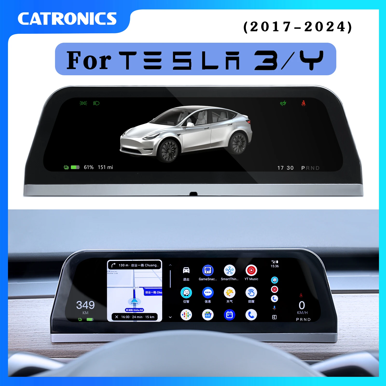 Tesla Model 3/Y HD Digital Dashboard Display with Wireless CarPlay & A