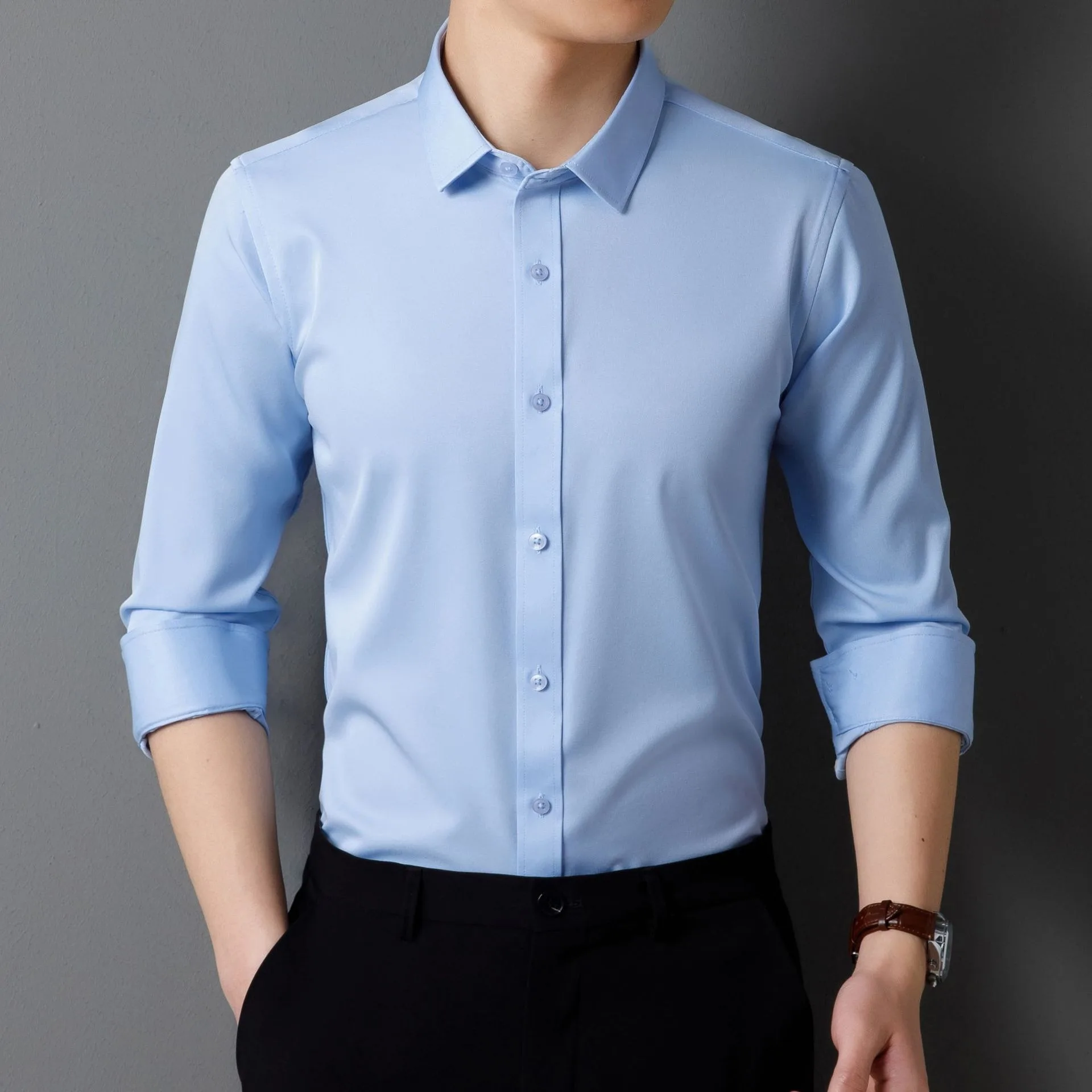 Men's Shirt Solid Color Slim No Pocket Long Sleeve Short Sleeve